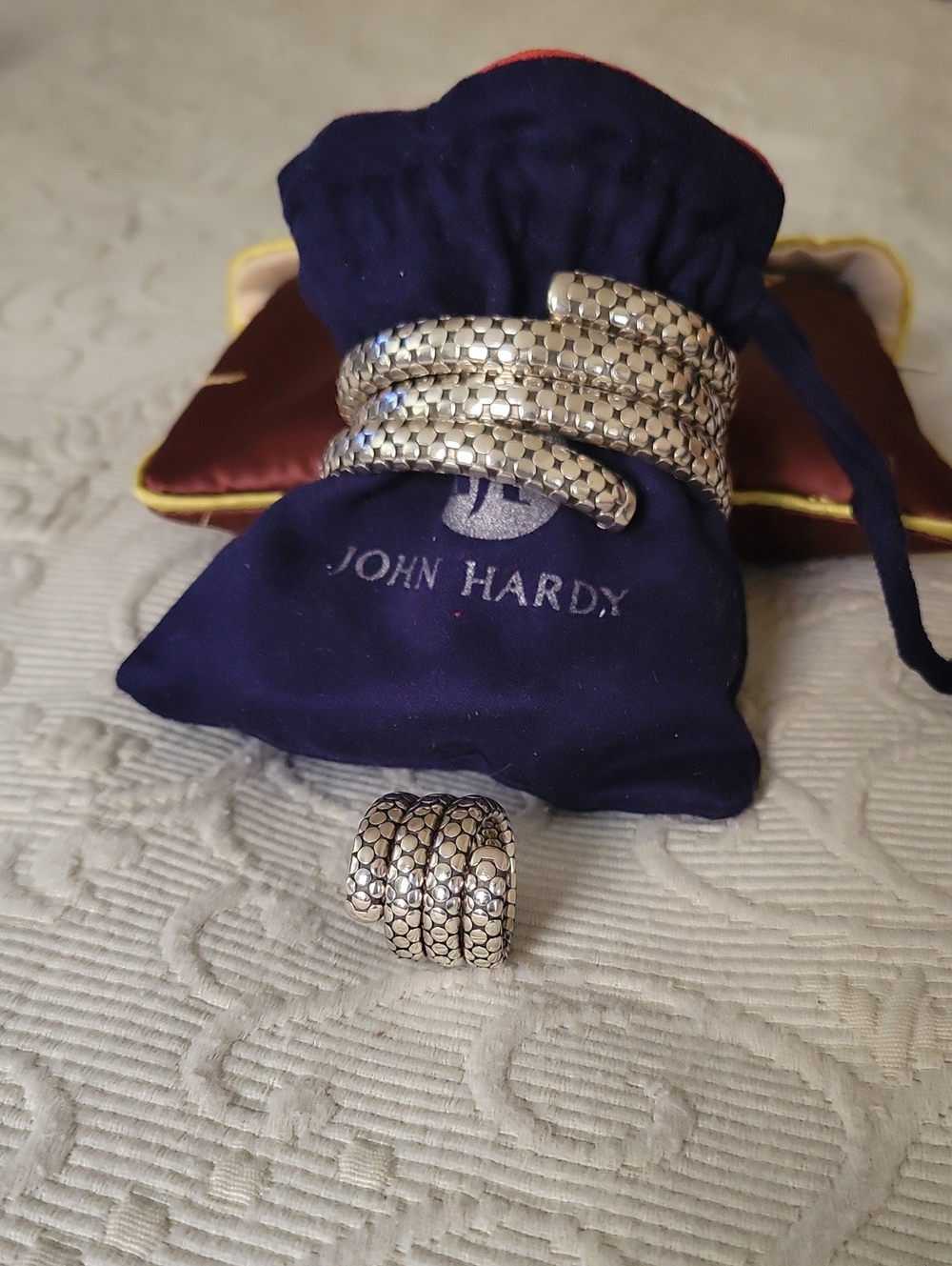 John Hardy Sterling Silver Textured  Serpentine Coil Bracelet and Matching Ring